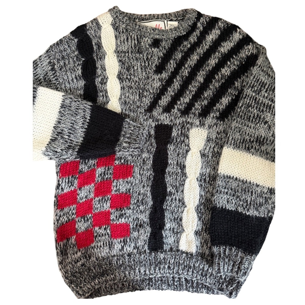 VTG 80's Grandpa Sweater Men L‎ Gray Black Red Preppy Chunky Fisherman Gabrielle